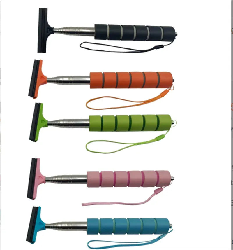 Retractable stainless steel car wiper hanging from a rearview mirror, shown extended and in black colour.