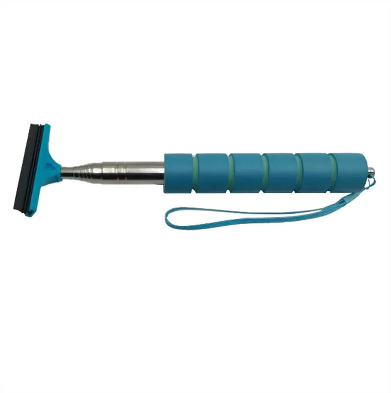 Retractable stainless steel car wiper hanging from a rearview mirror, shown extended and in black colour.