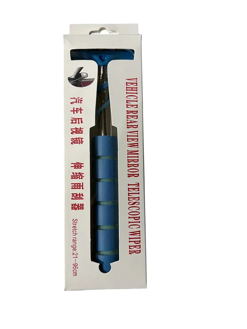 Retractable stainless steel car wiper hanging from a rearview mirror, shown extended and in black colour.