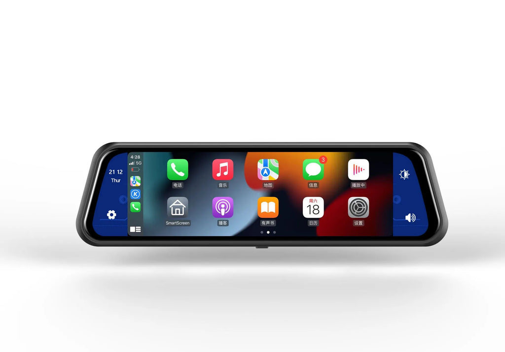Black dual-lens driving recorder with 9.66-inch touch screen mounted on car windscreen.