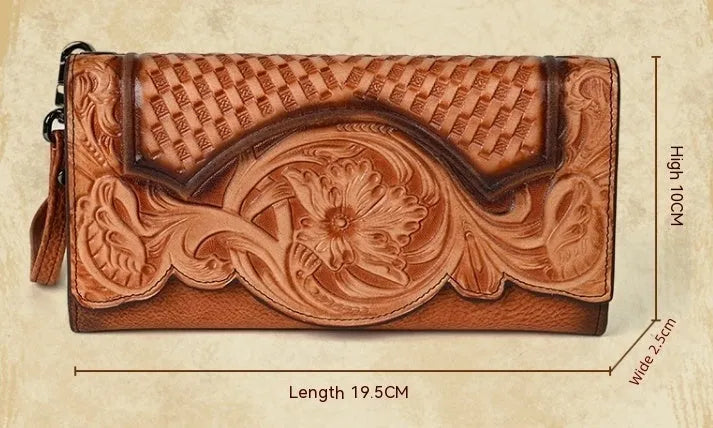 Women's brown tri-fold leather wallet with embossed floral pattern showing open compartments