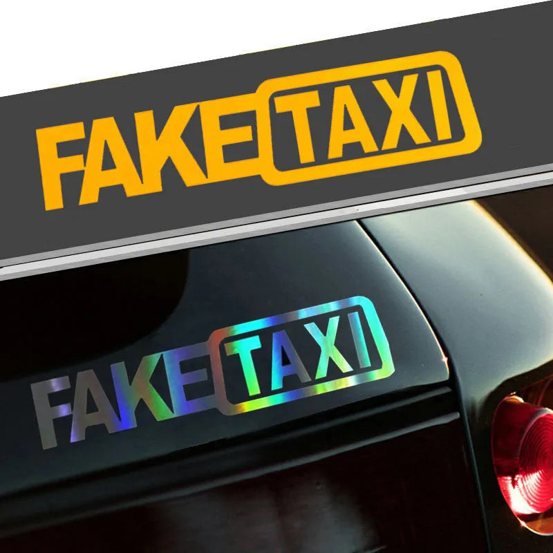 FAKE TAXI car warning sticker in yellow, black and white colour options measuring 20 by 8 centimetres