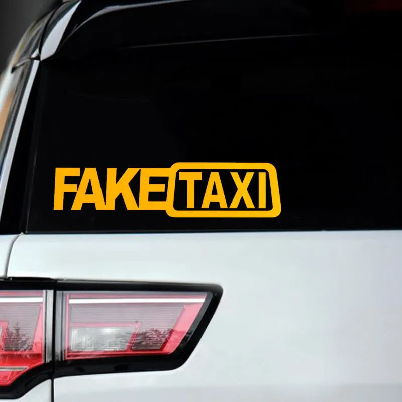 FAKE TAXI car warning sticker in yellow, black and white colour options measuring 20 by 8 centimetres