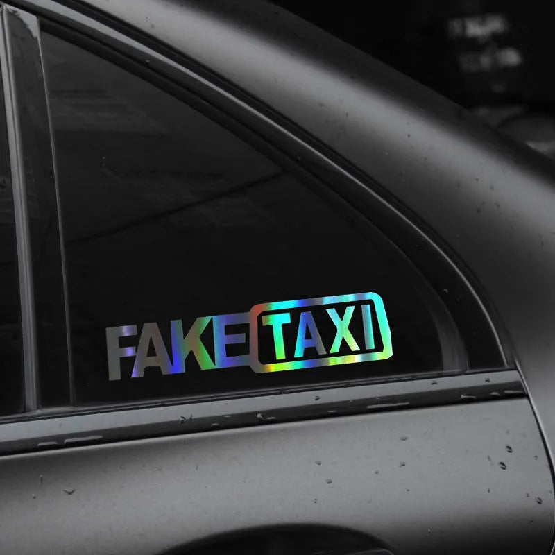 FAKE TAXI car warning sticker in yellow, black and white colour options measuring 20 by 8 centimetres
