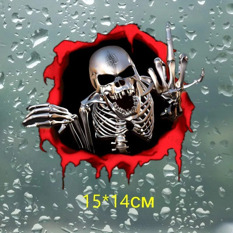 Colourful broken shell design metal skull car bumper sticker measuring 15cm by 14cm