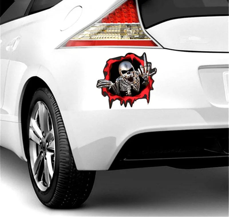Colourful broken shell design metal skull car bumper sticker measuring 15cm by 14cm