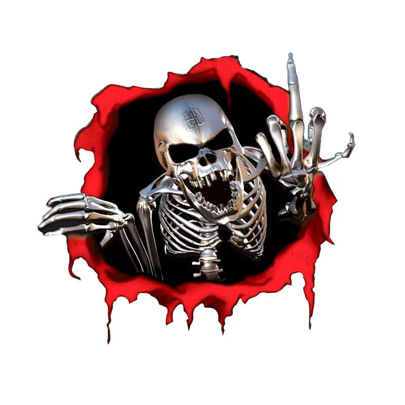 Colourful broken shell design metal skull car bumper sticker measuring 15cm by 14cm