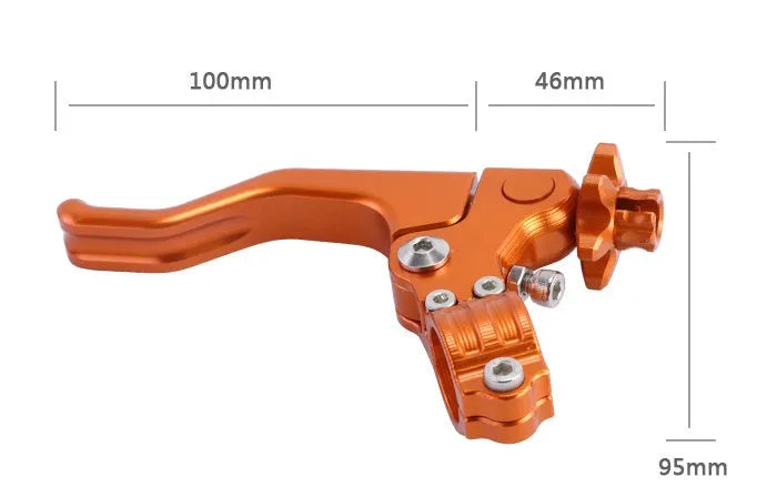 Aluminium motorcycle clutch lever in a selection of eight colours including red, black, silver, and gold.
