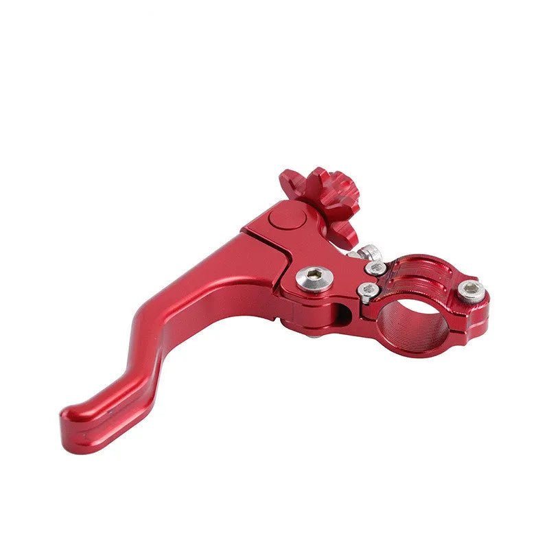 Aluminium motorcycle clutch lever in a selection of eight colours including red, black, silver, and gold.