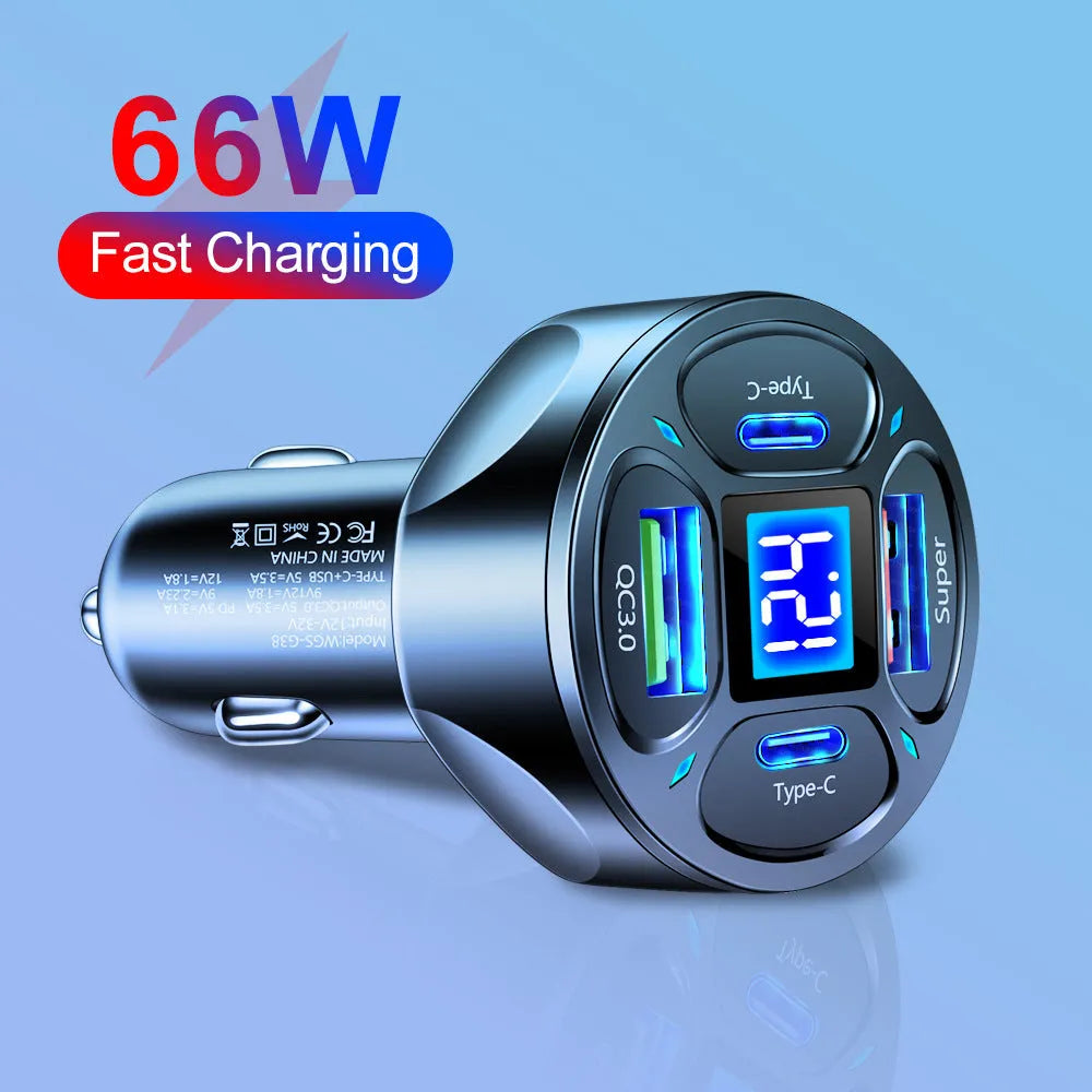 66W digital display car charger with two USB and two Type-C ports on a black background