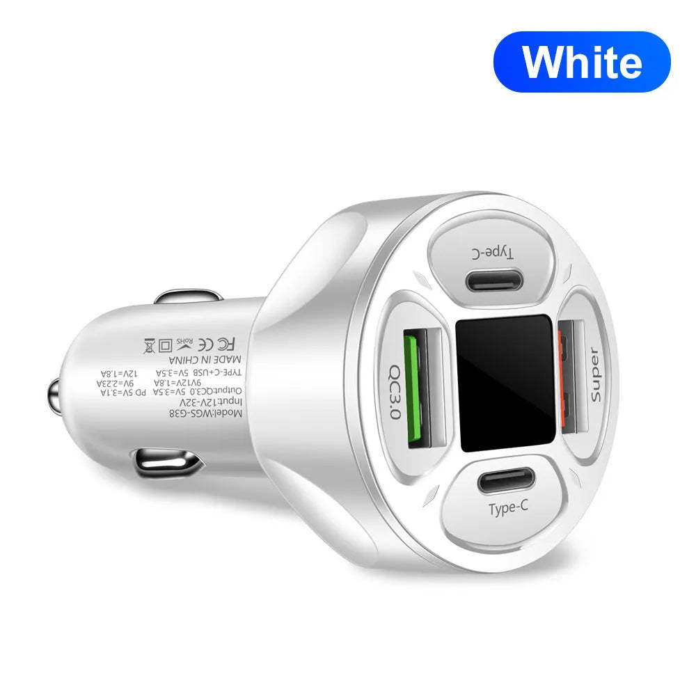 66W digital display car charger with two USB and two Type-C ports on a black background