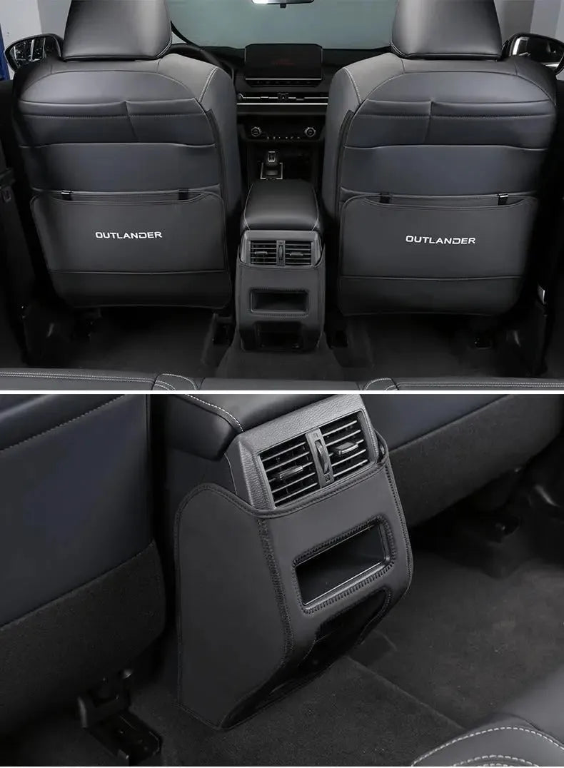 Set of three leather anti-kick pads for a Mitsubishi Outlander car seat armrest and box.