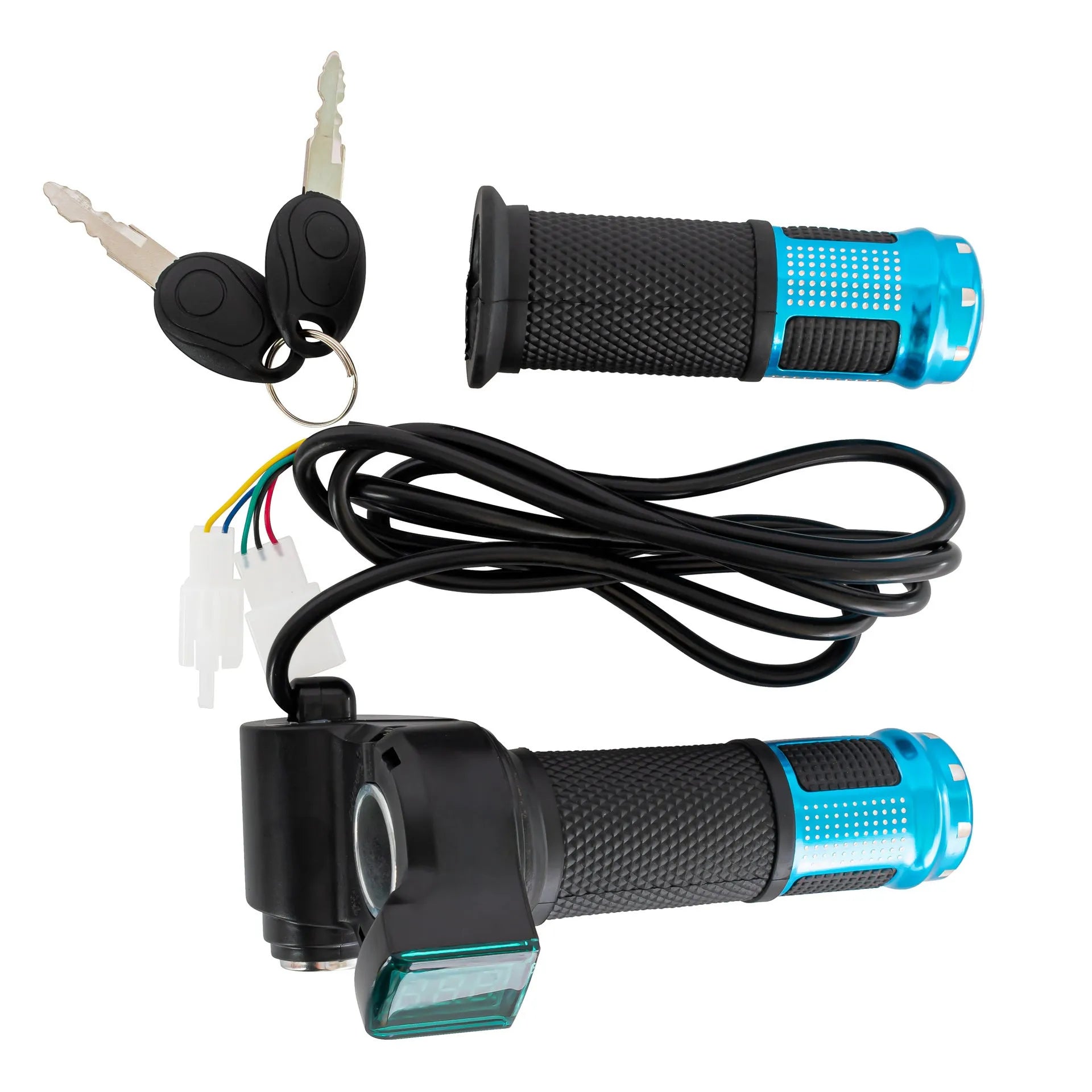 Electric vehicle handlebar control section in blue, red, silver, or yellow colours with IPX4 waterproof rating