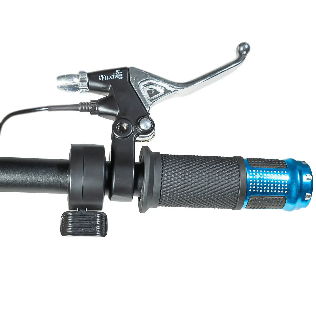 Electric vehicle handlebar control section in blue, red, silver, or yellow colours with IPX4 waterproof rating