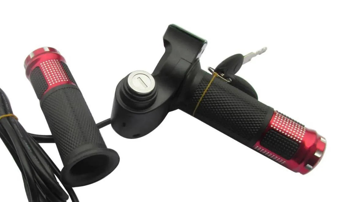 Electric vehicle handlebar control section in blue, red, silver, or yellow colours with IPX4 waterproof rating