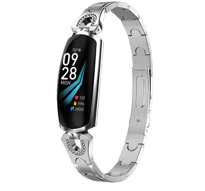 Smart bracelet with 0.96 inch TFT screen showing fitness data, available in Rose Gold, black, and silvery colours, IP67 waterproof design