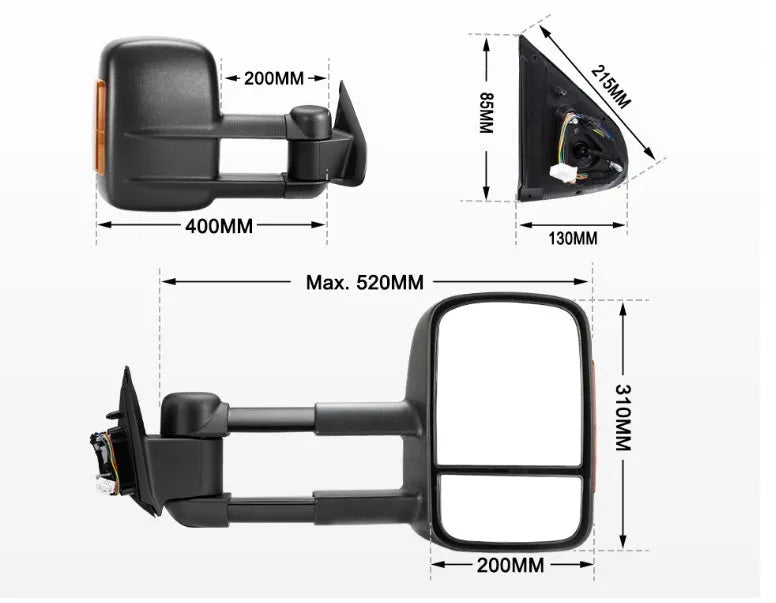 Black exterior rear vision mirror for Nissan NP300 D23 models with adjustable design and integrated side marker light