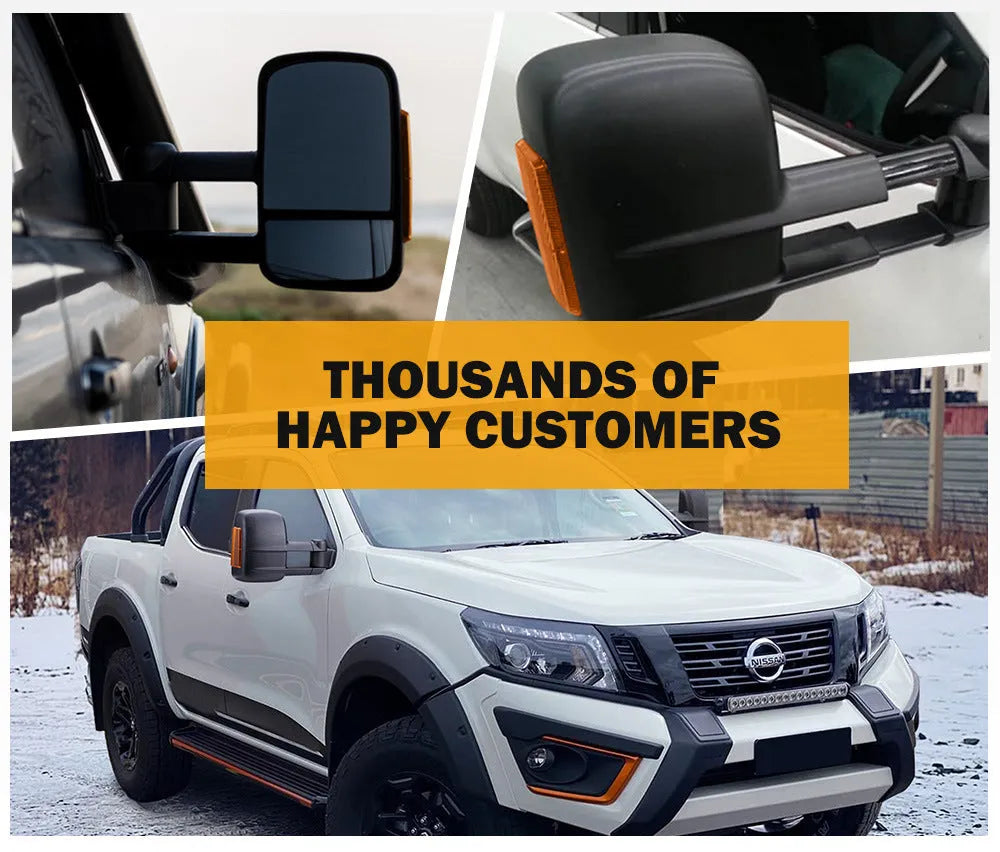 Black exterior rear vision mirror for Nissan NP300 D23 models with adjustable design and integrated side marker light