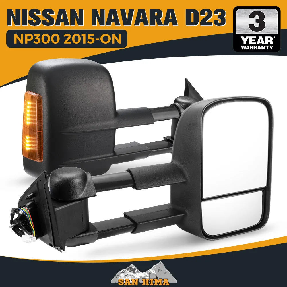 Black exterior rear vision mirror for Nissan NP300 D23 models with adjustable design and integrated side marker light