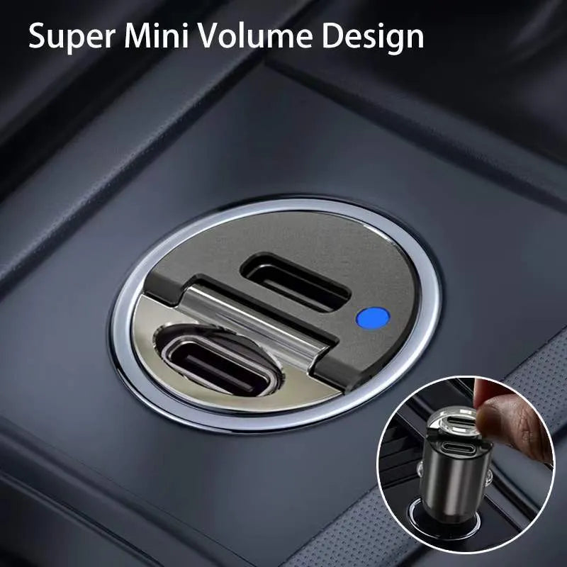 Black 30W mini car cigarette lighter charger with PD and QC 3.0 fast charging support
