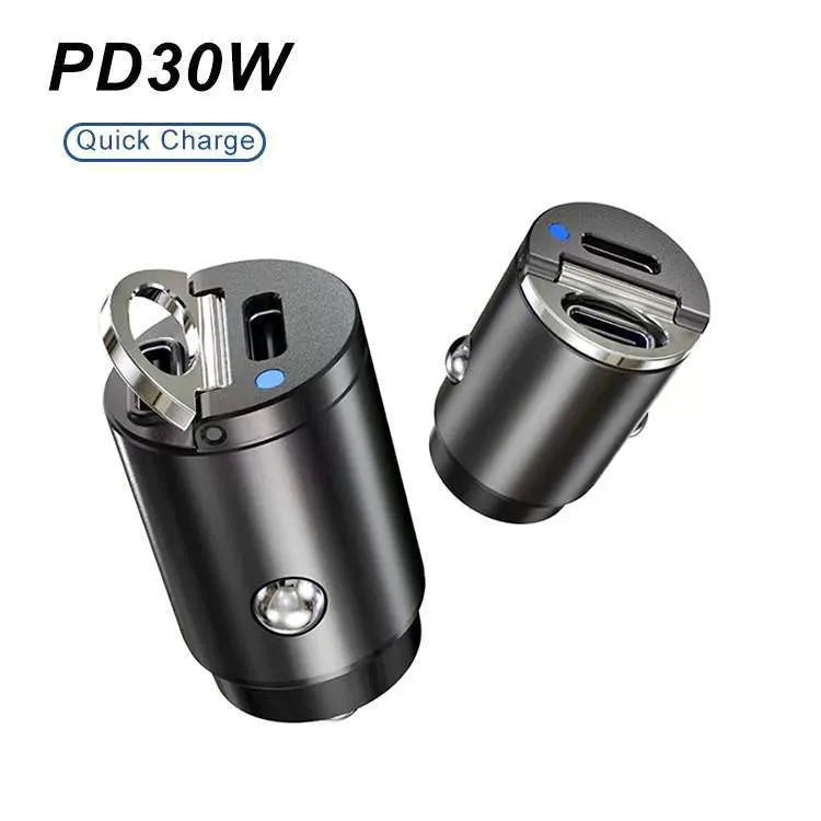 Black 30W mini car cigarette lighter charger with PD and QC 3.0 fast charging support
