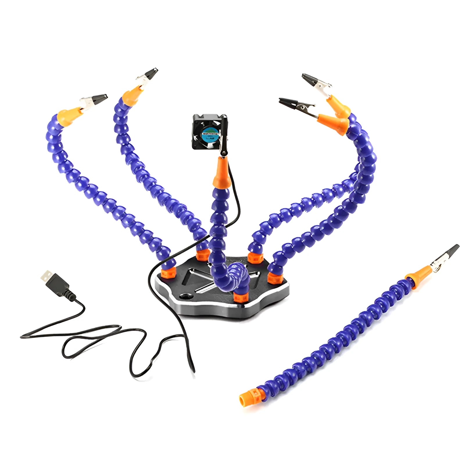Black and purple six-claw aluminium alloy welding station with multiple adjustable arms for model soldering.