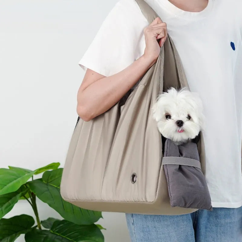 Apricot cloth pet handbag measuring 41cm long for small dog or cat summer transport