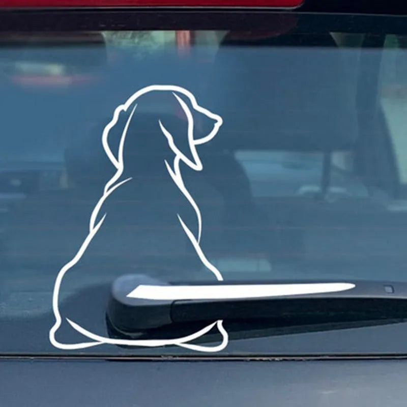 Cartoon dog car rear window sticker with wiper motion tail in black and white options.
