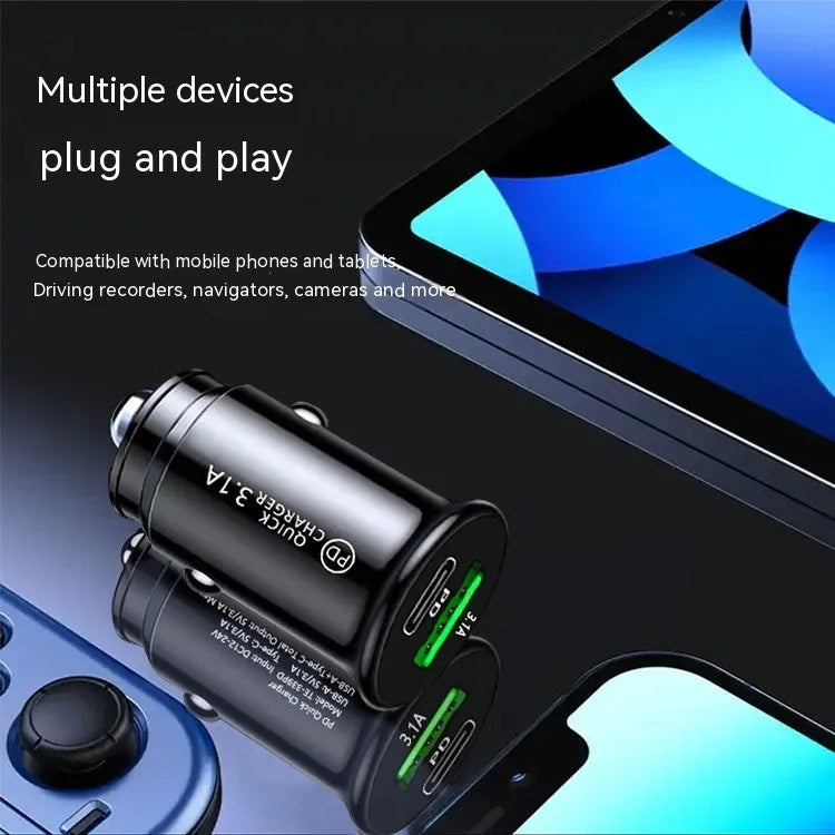 Dual USB port car charger converter with 12V car cigarette lighter plug in black bare metal finish