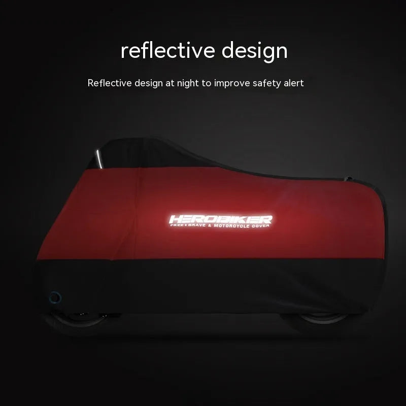 Black polyester motorcycle rain cover with heat insulation and anti-theft features on parked bike
