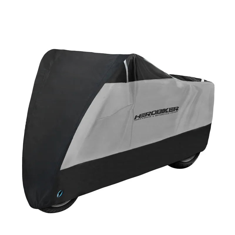 Black polyester motorcycle rain cover with heat insulation and anti-theft features on parked bike