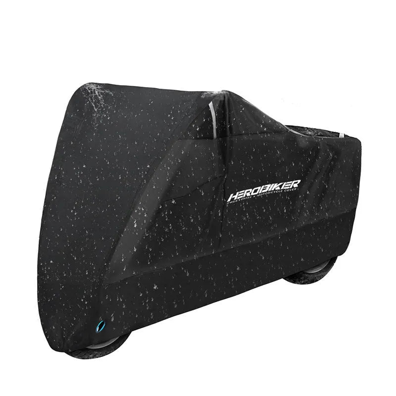Black polyester motorcycle rain cover with heat insulation and anti-theft features on parked bike