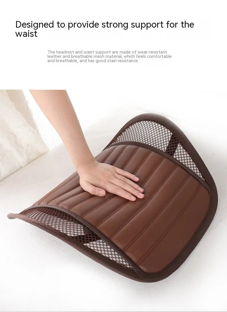 Leather lumbar support cushion for car seats showing colour options including sapphire blue, amber brown and mysterious black