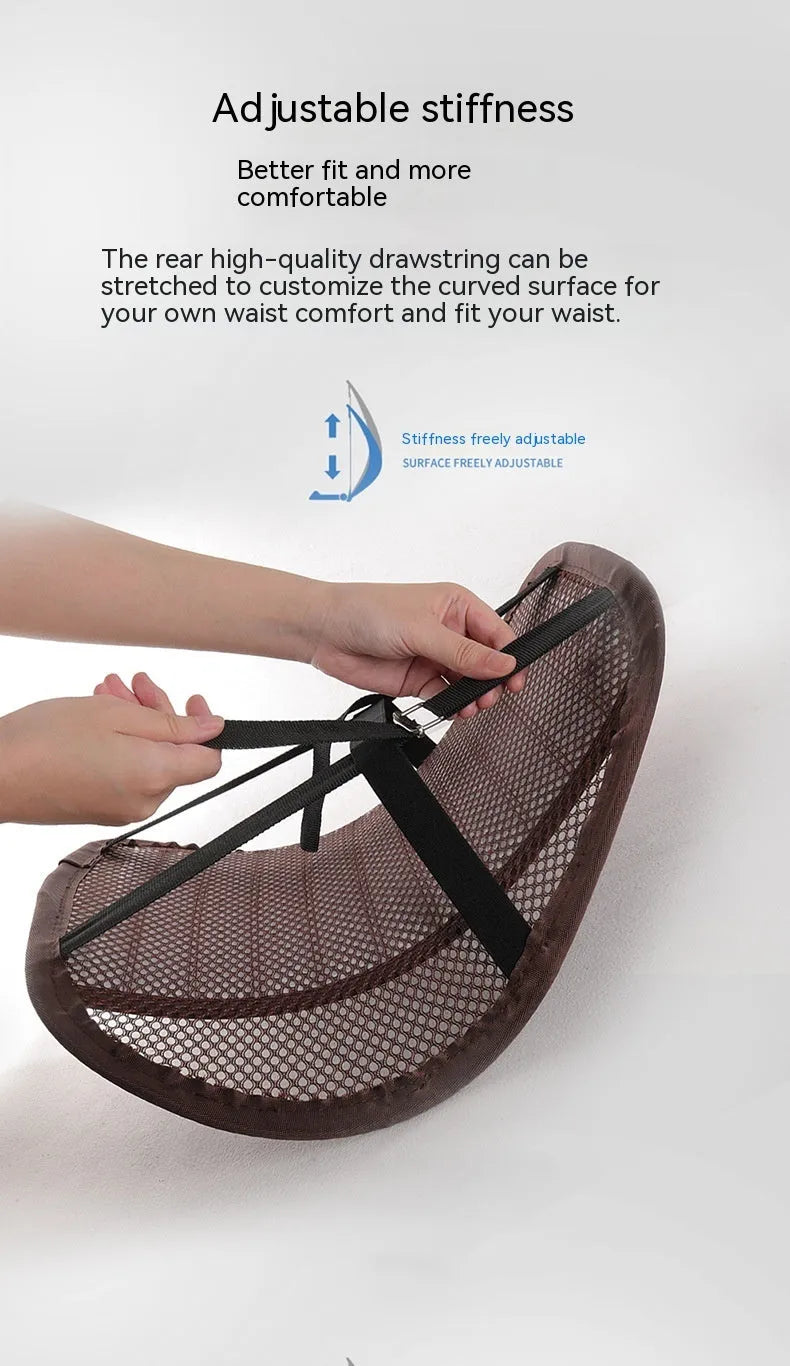 Leather lumbar support cushion for car seats showing colour options including sapphire blue, amber brown and mysterious black