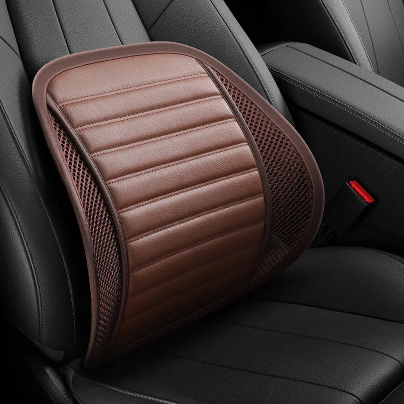 Leather lumbar support cushion for car seats showing colour options including sapphire blue, amber brown and mysterious black