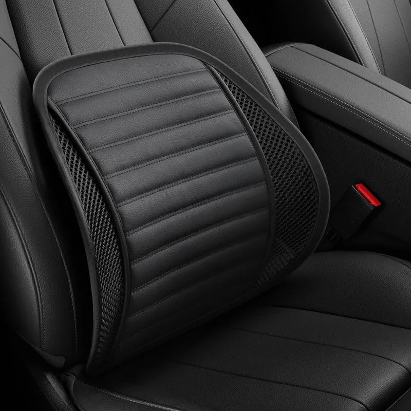 Leather lumbar support cushion for car seats showing colour options including sapphire blue, amber brown and mysterious black