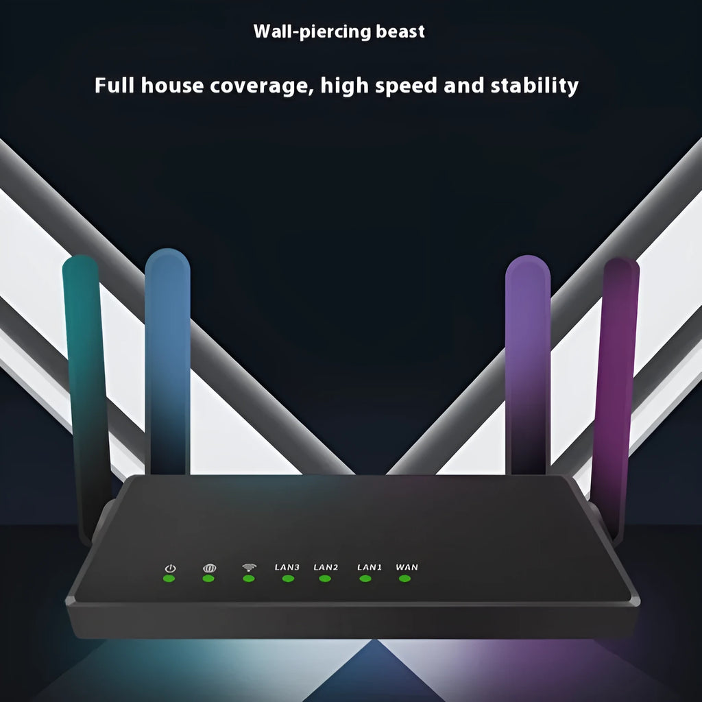 Home 300Mbps wireless router in white with through-wall signal, compact 26x6x6cm size, UK plug adaptor