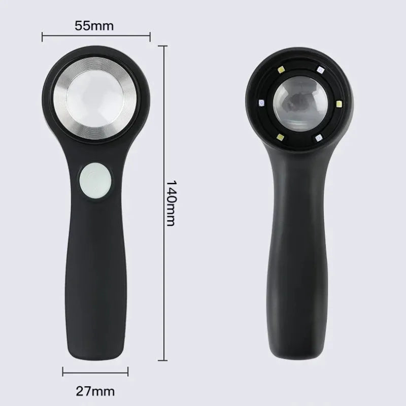Black and silver metallic appraisal magnifying glass with 30mm optical glass lens and USB-C cable.