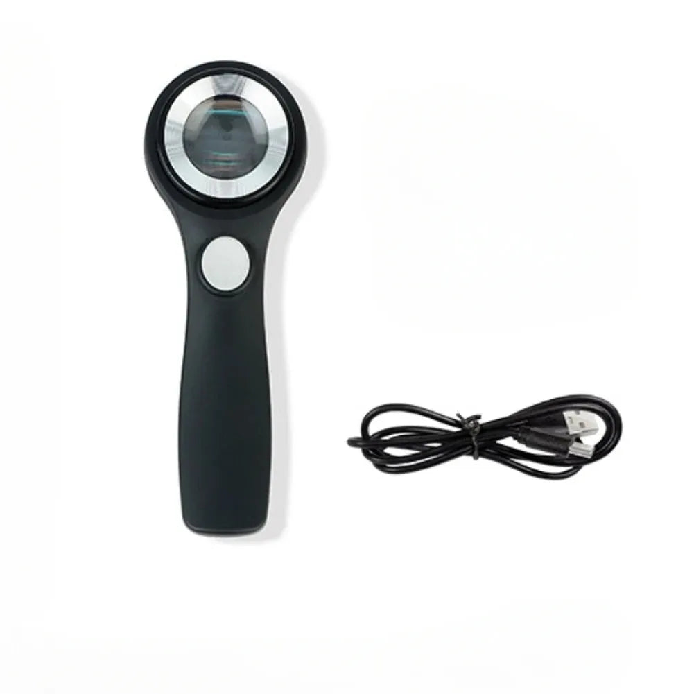 Black and silver metallic appraisal magnifying glass with 30mm optical glass lens and USB-C cable.