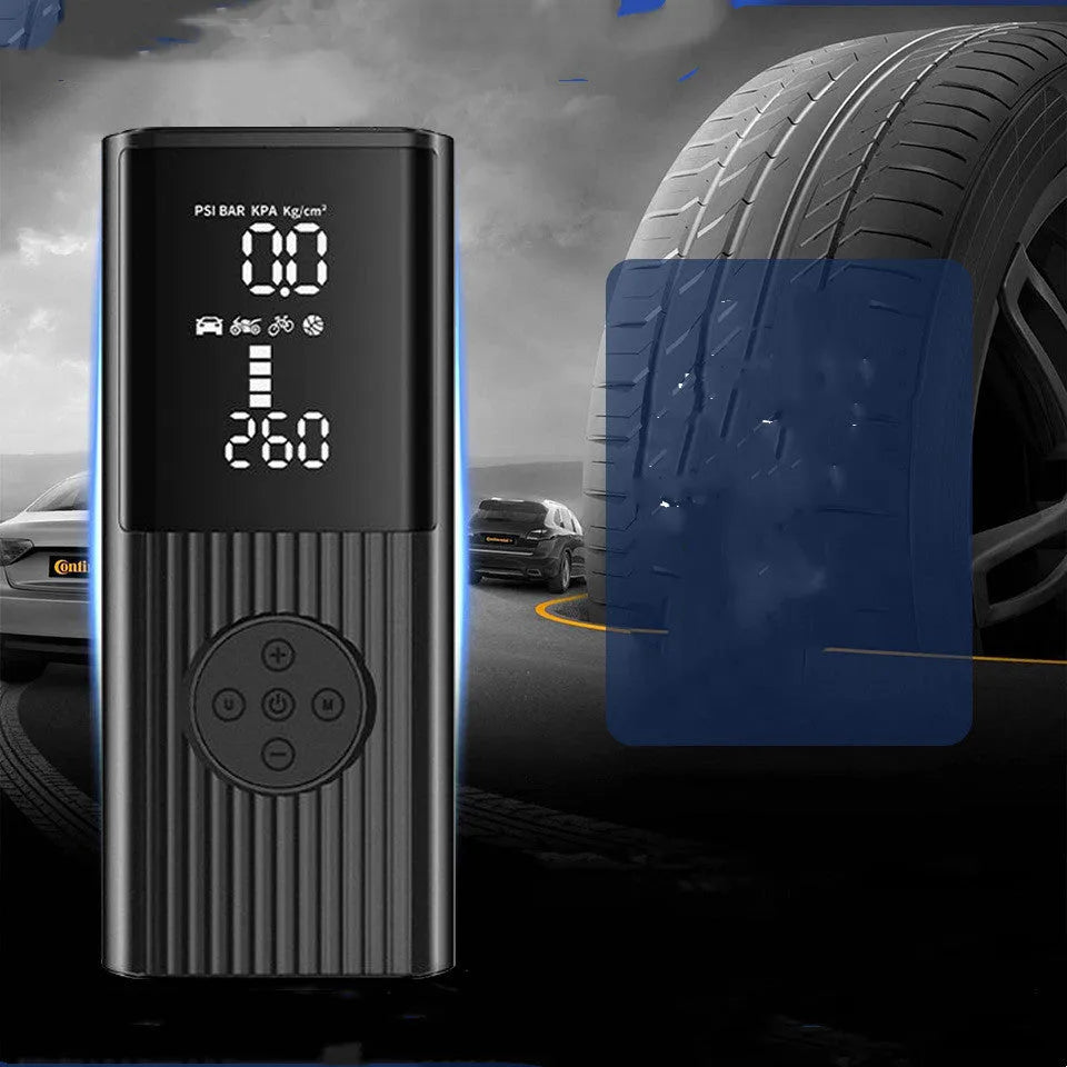Portable wireless car tyre inflator with 100W motor, lighting, and USB charging port