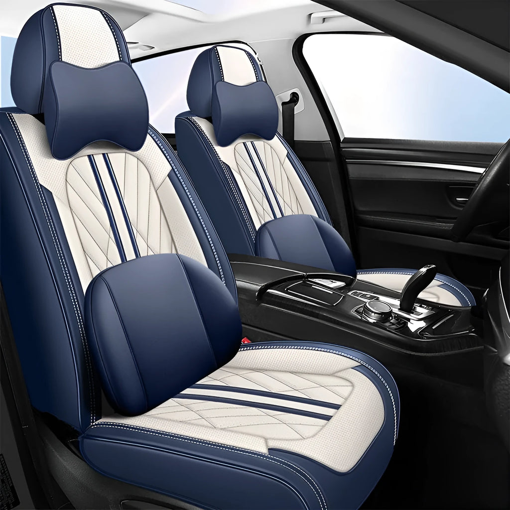 Set of five leather car seat cushions in a choice of colours including black and blue, and beige black.