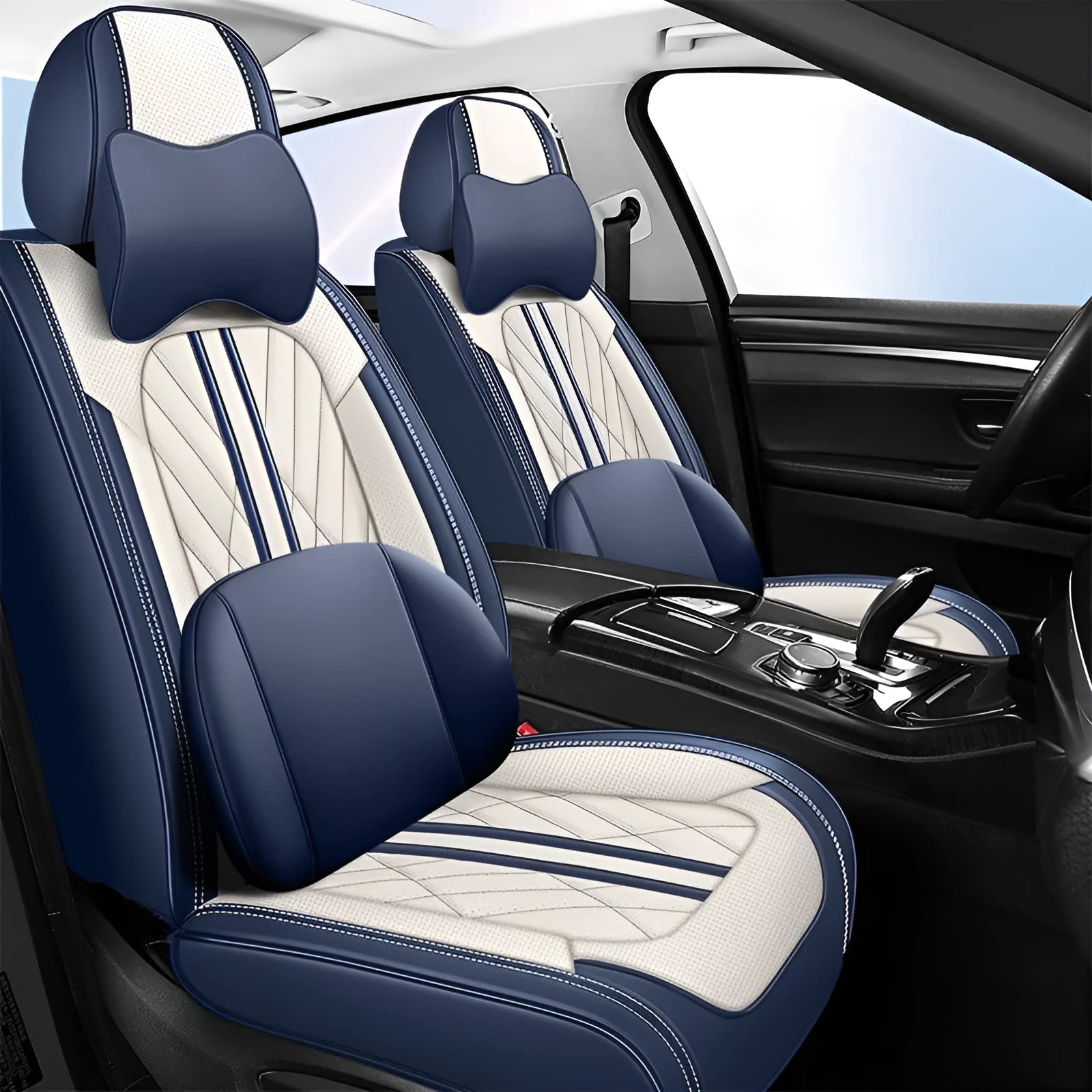 Set of five leather car seat cushions in a choice of colours including black and blue, and beige black.