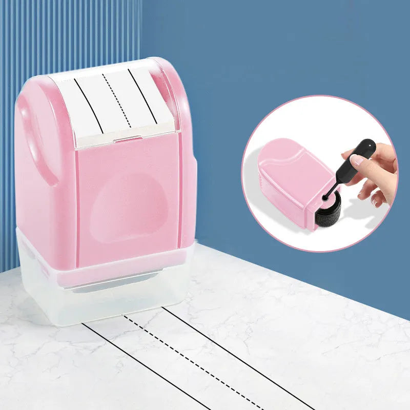 Rectangular plastic roller seal for stamping English lines, shown in multiple colour options.
