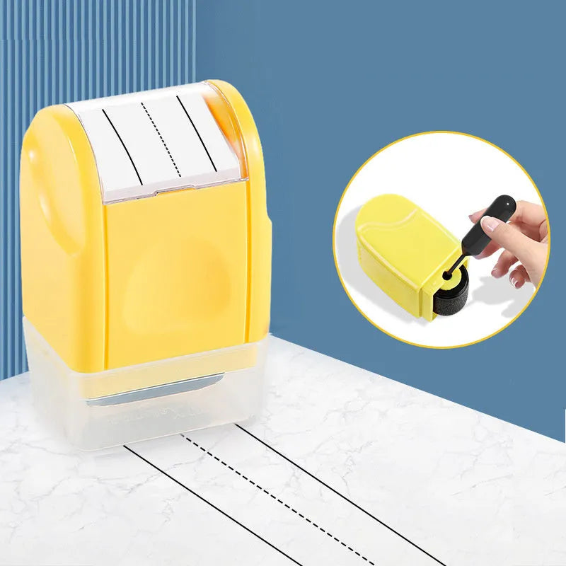 Rectangular plastic roller seal for stamping English lines, shown in multiple colour options.