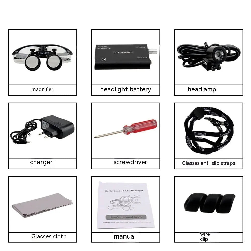 Black head-mounted LED magnifying glass for dental work with 2.5X magnification and adjustable headlight