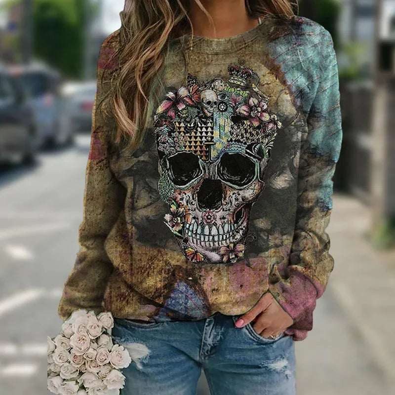 Black long sleeve sweatshirt with skull print design in knitted polyester fabric
