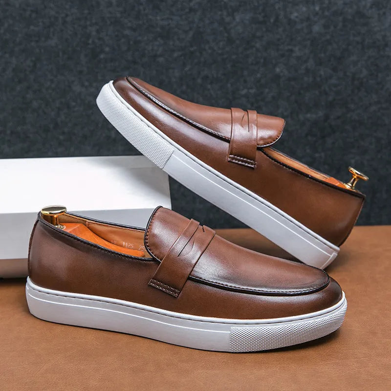 Plus size men's business casual board shoes in brown with flat heel, round toe, and rubber sole