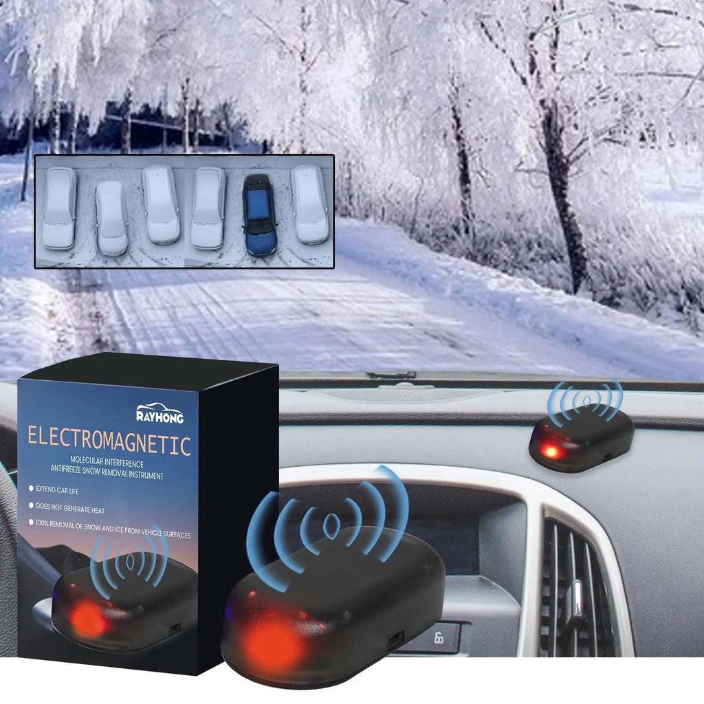 Black handheld car deicing tool with special glass component on a white background.