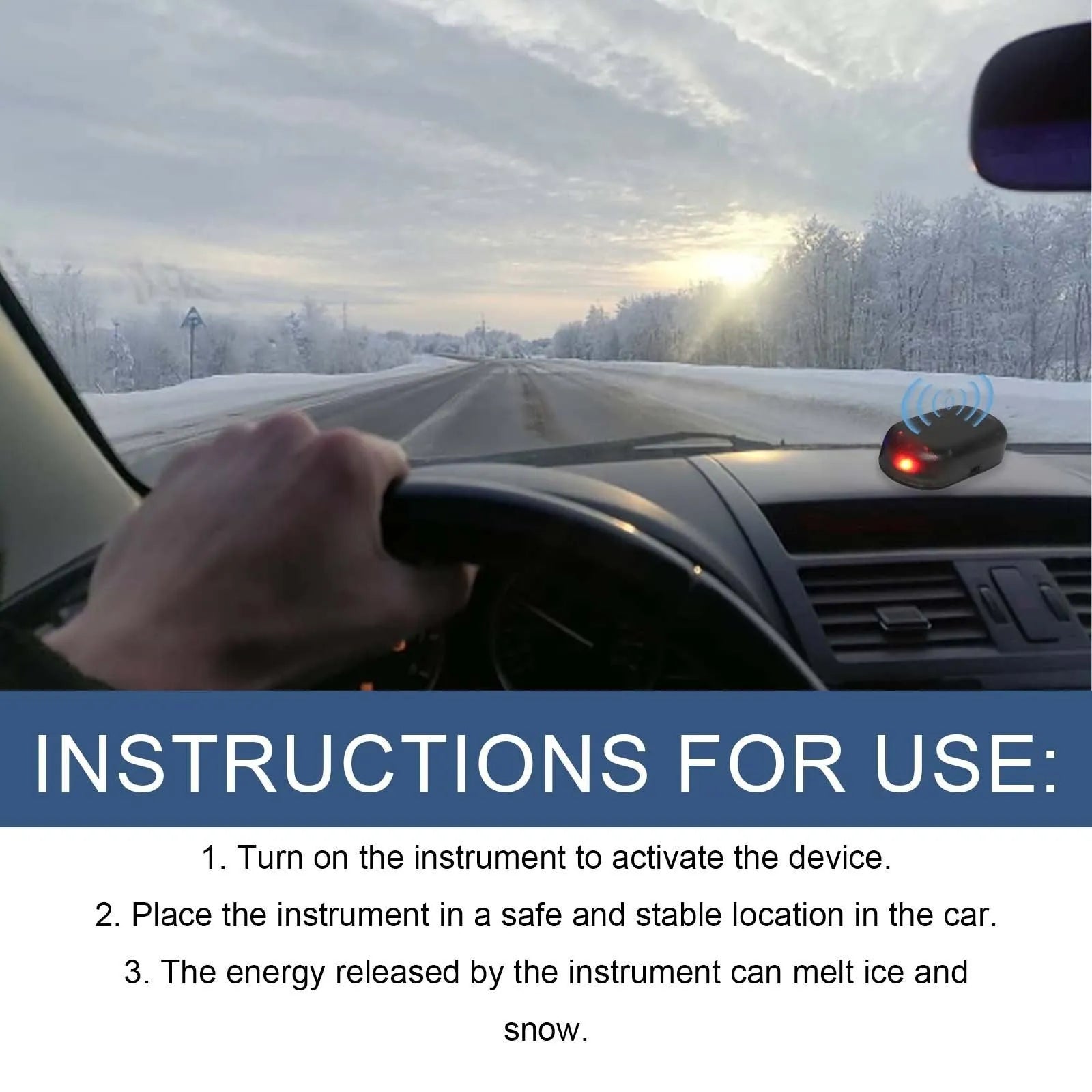 Black handheld car deicing tool with special glass component on a white background.