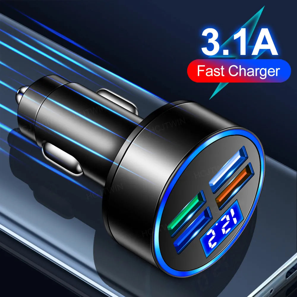 Black multi-port car charger with four USB ports and one cigarette lighter socket.